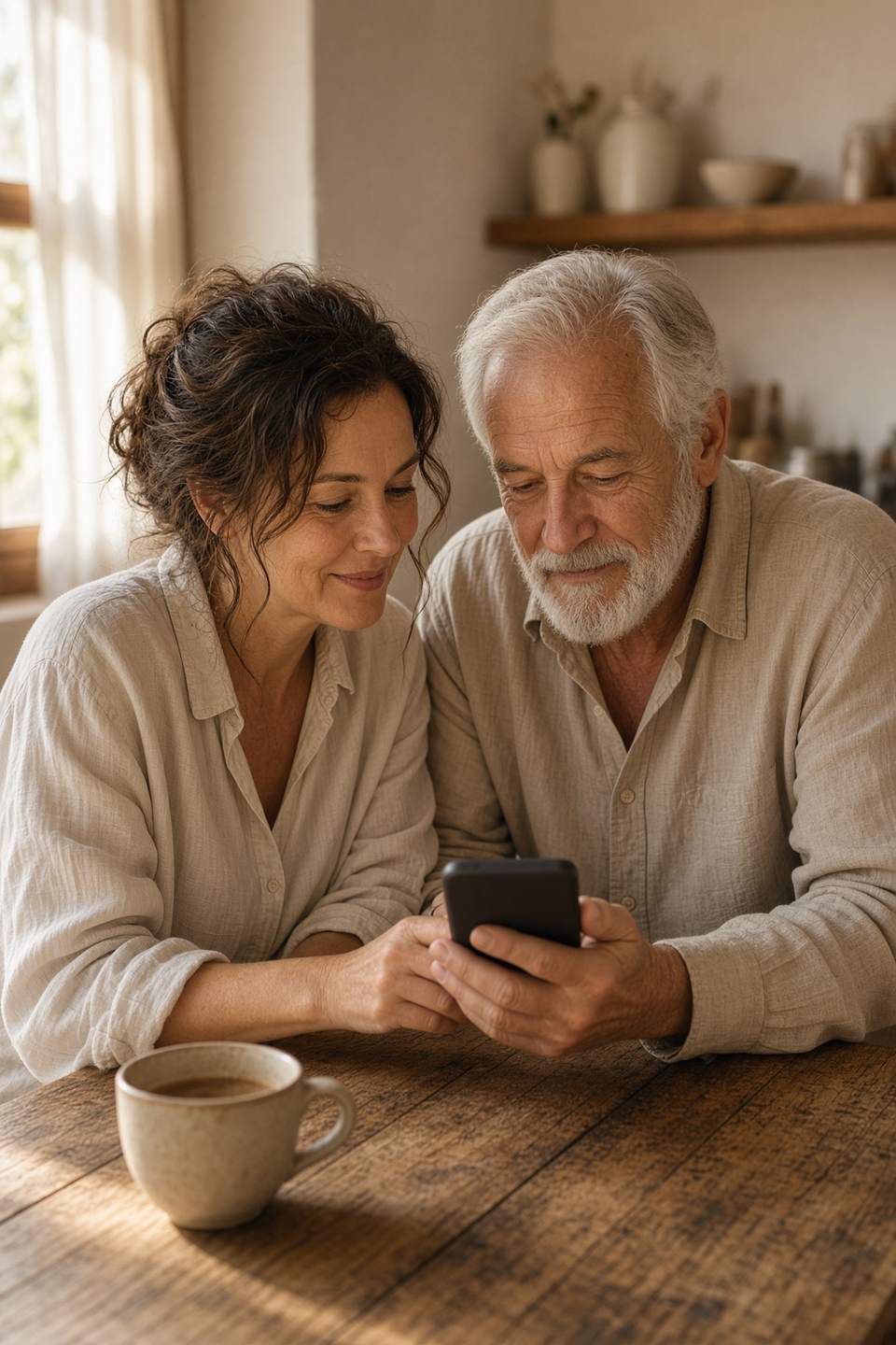 An adult helping an older parent look at a phone together at a kitchen table